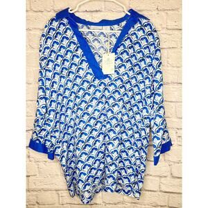 Sigrid Olsen Blue & White V-Neck Long Sleeve 100% Linen Blouse Tunic SZ XL NWT!